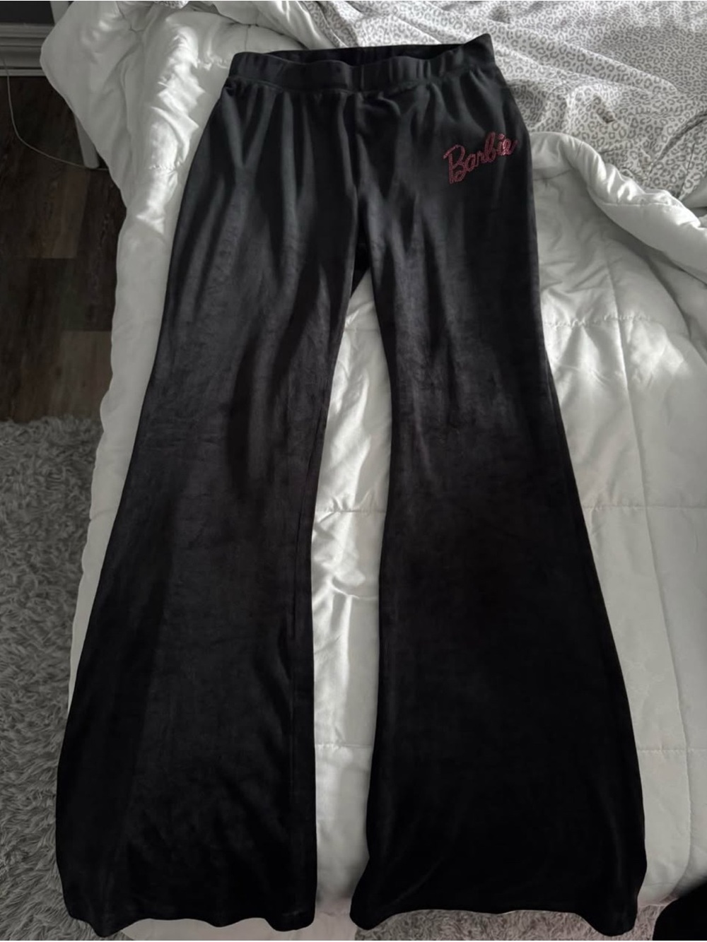 3 for $20 BARBIE 💖 Black Velour Pants with Pink Rhinestone Logo